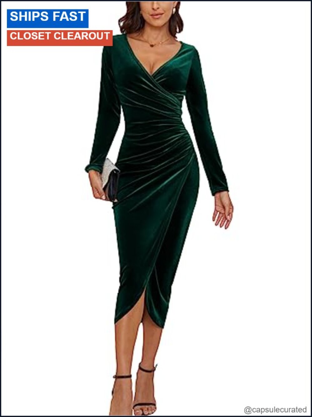 Women's V Neck Wrap Velvet Long Sleeve Maxi Dress